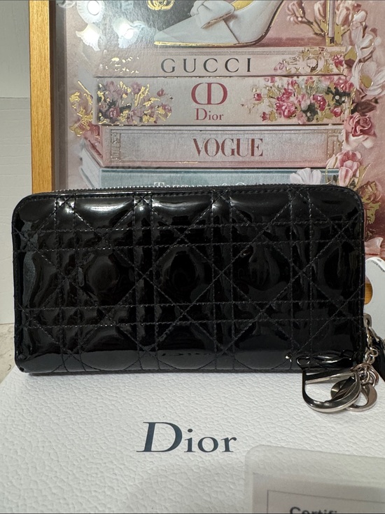 Dior Handbags - Dior Black Patent Quilted Zip-Around Wallet with Charm Full inclusion COA